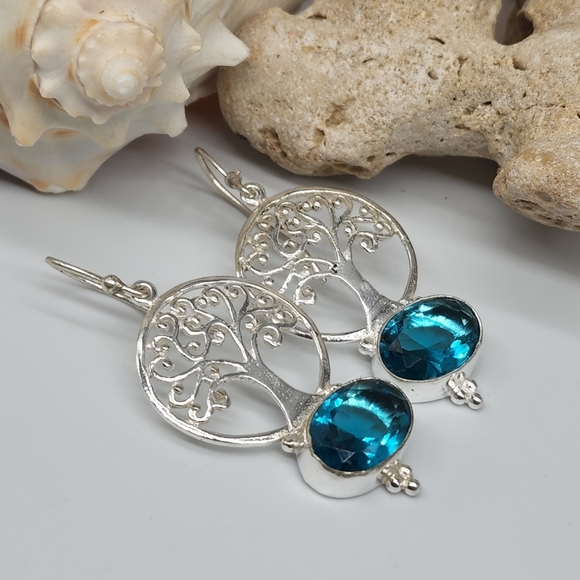Natural Blue Quartz Topaz Stones Silver Earrings - Picture 1 of 8
